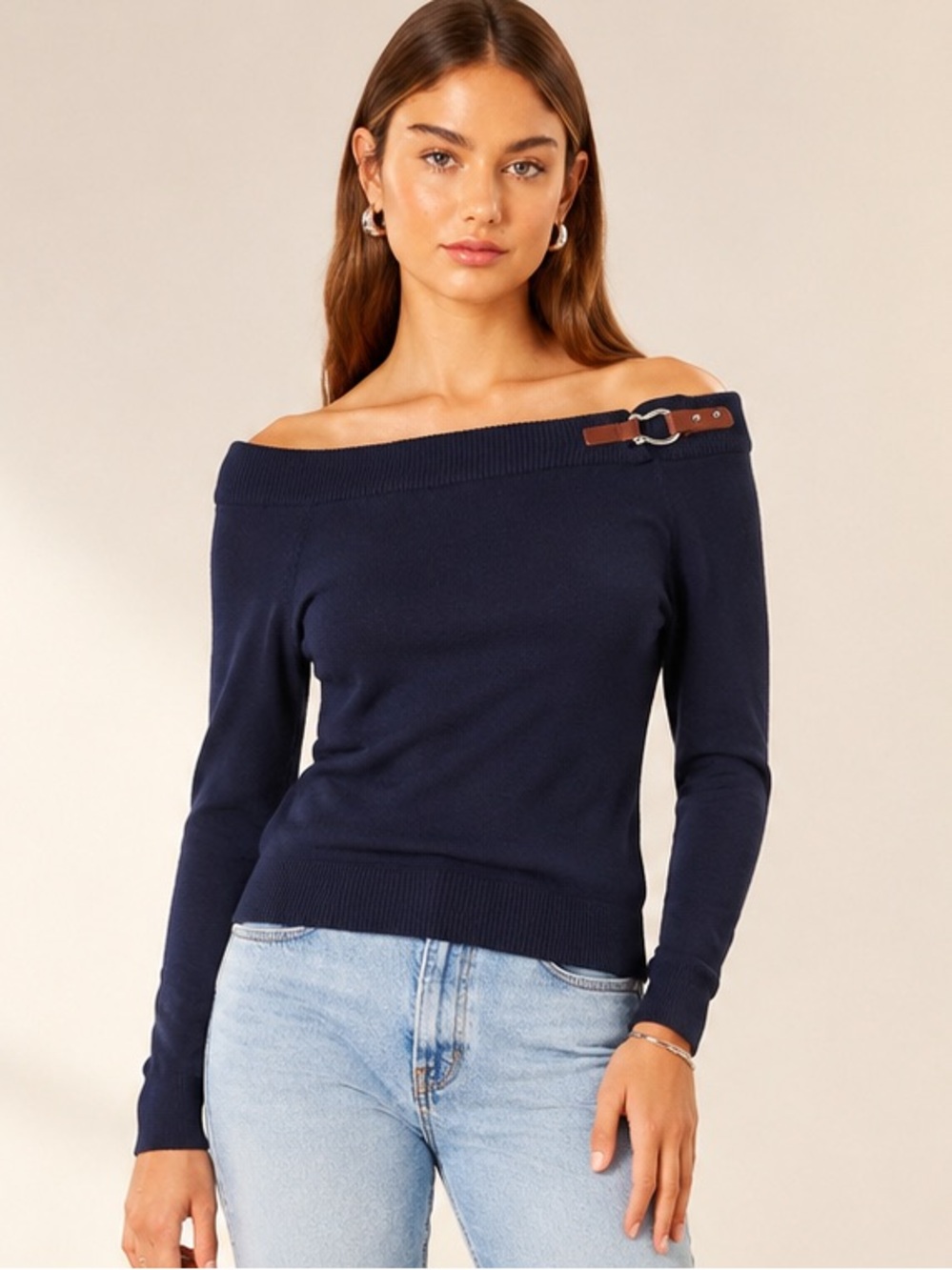 LAUREN RALPH LAUREN Navy Horsebit Buckle Off-Shoulder Sweater Womens Size Small